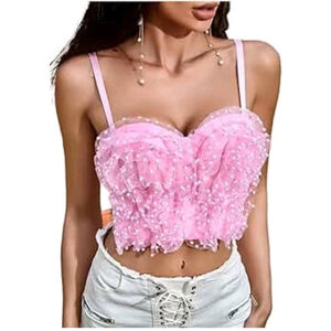 Women's Strap Pearl Bustier Corset Crop Tops Clubwear Party Bra Overbust Tank XS